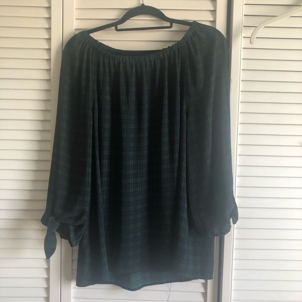 Talbots plaid blouse with tie sleeves